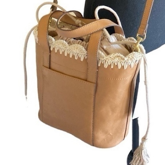 LUCKY BRAND Letoni Leather 2/1 Satchel with Macrame Crochet Trim Boho Chic NWT - Picture 1 of 13